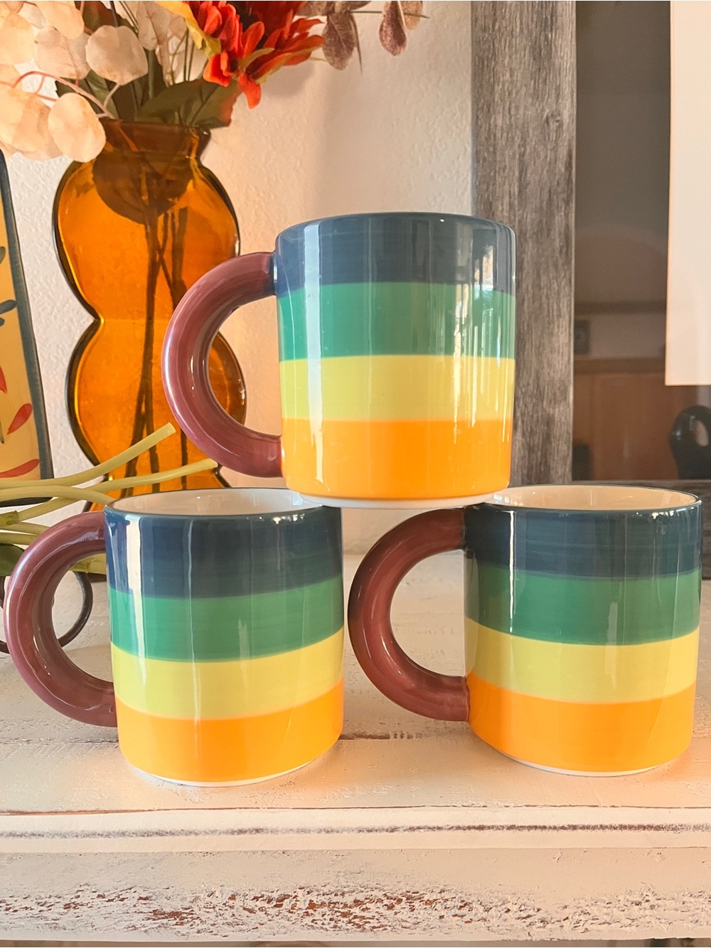Set of 3 “COFFEE business” Rainbow Stripe Mugs.